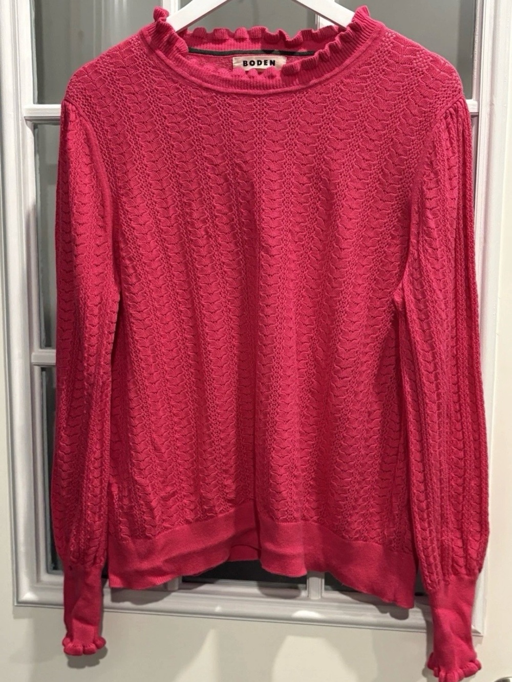 Boden Pink Textured Knit Sweater Ruffle Neck Cuffs XL Long Sleeve